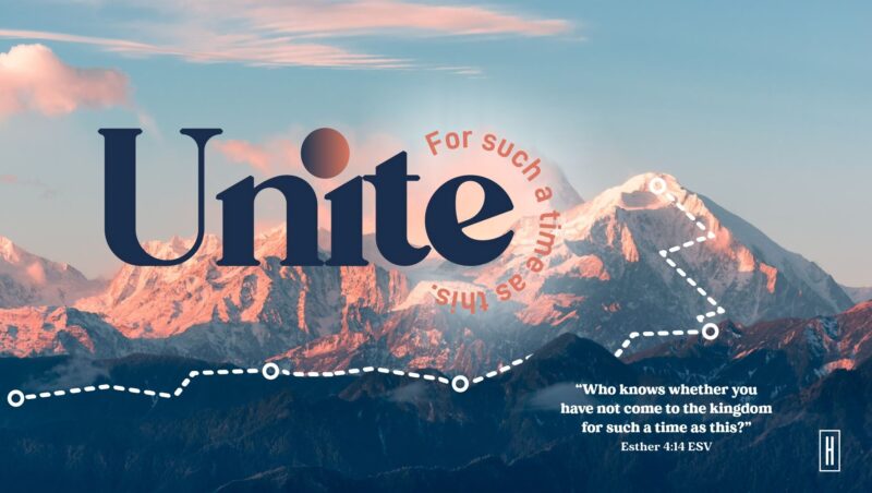 The word Unite written on top of a photo of a mountain during sunset with pink hues