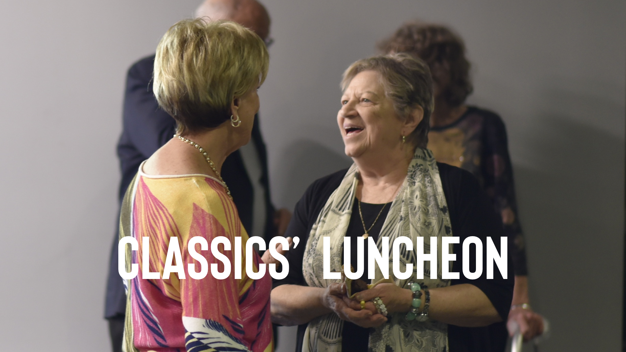 Two older ladies talking and smiling while conversing at a luncheon