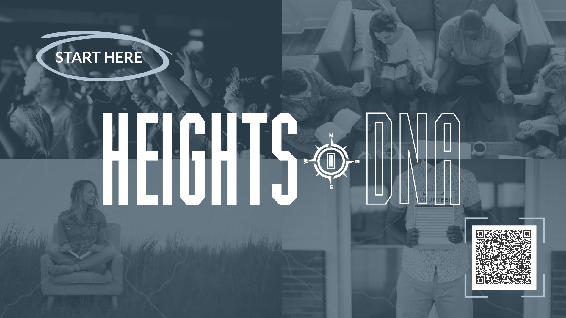 HEIGHTS DNA WIDE FOR WEB Promotional graphic for Life Groups at Heights Church. Background design includes a group holding hands with their heads bowed and eyes closed holding hands, with Bibles in front of them. Event details read: "Life Group Facilitator Training."