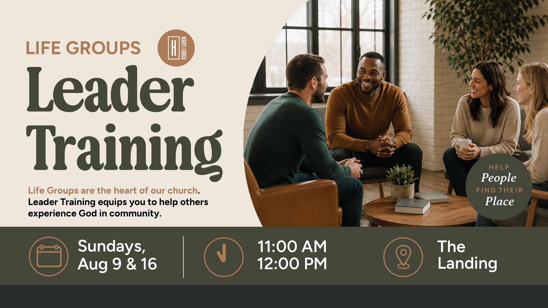 Promotional graphic of Heights Church event titled "From Seats to Serving: Helping People Experience God." Left side of background is group of chairs, right side of graphic is three different group pictures.